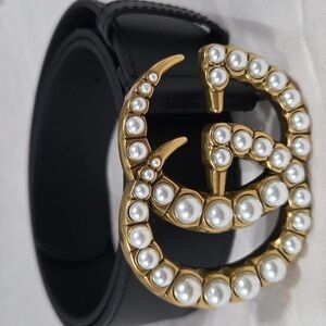 Gucci Black Marmont Pearl Belt Gold GG Buckle